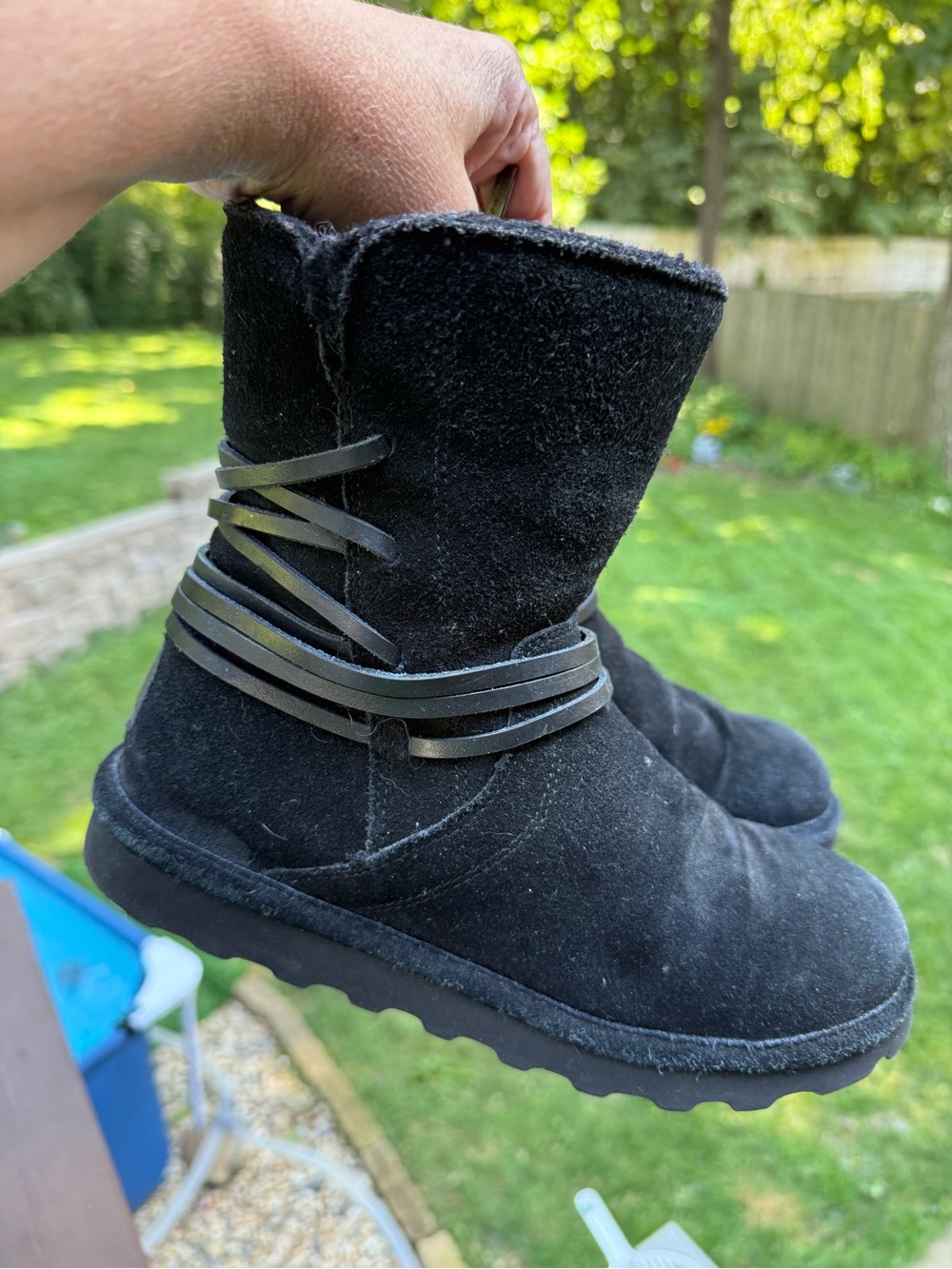 Bearpaw Women's Shirley Size 7 Black Suede Boots Wrap Around Leather Detail